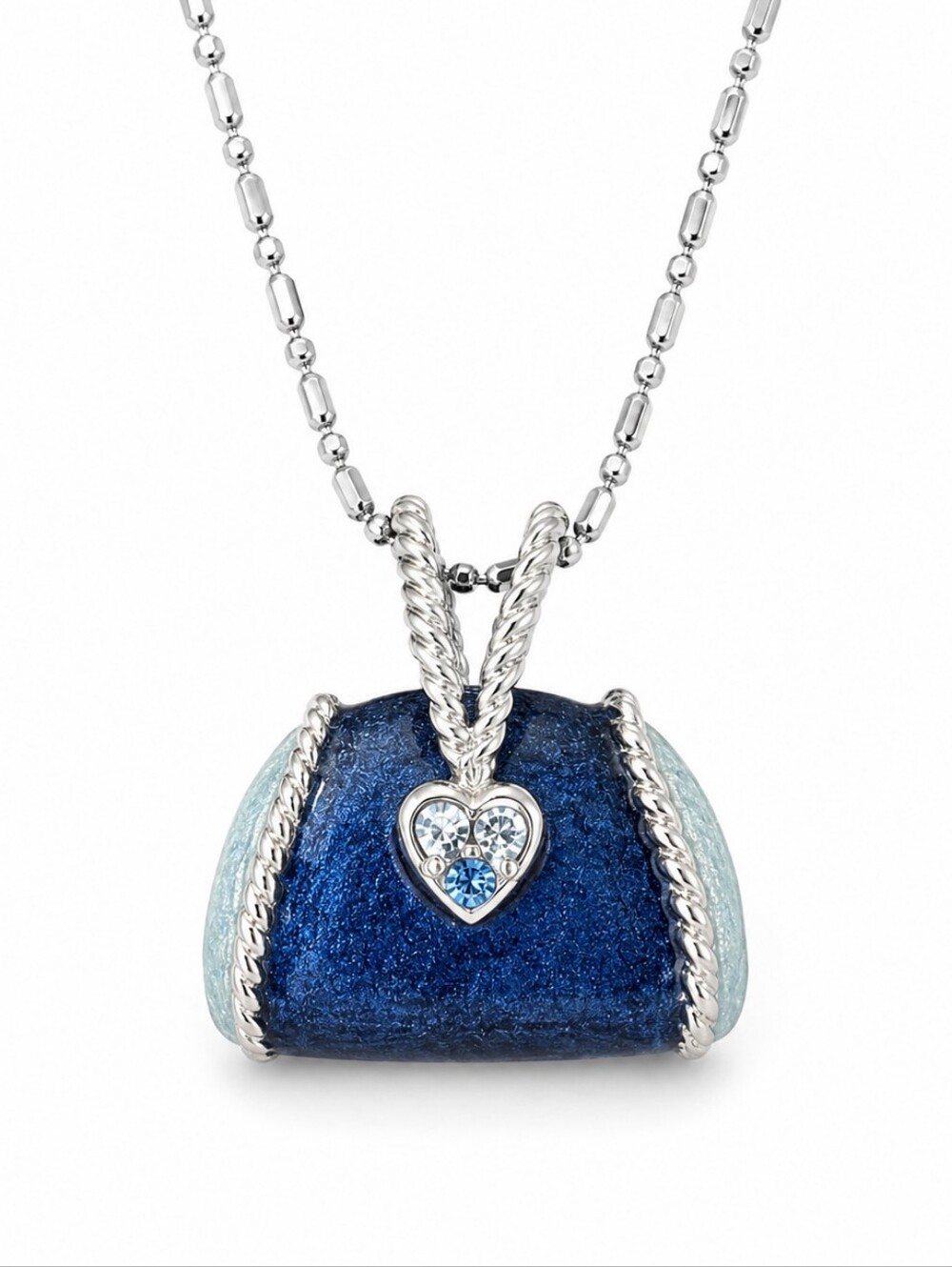 Purse Pendant Blue & Silver On A Silver Colored Chain With Bling